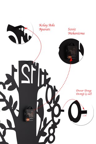  MUYİKA Uccelo Metal Siyah Sessiz Mekanizma Duvar Saati 50x50cm MDS-50