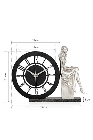 Muyika Bunnela Gümüş Sessiz Mekanizmalı Polyester Biblo Metal Masa Saati 21 x 21 cm Kadın MMS-POB