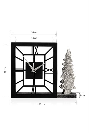 Muyika Kar  Gümüş Sessiz Mekanizmalı Polyester Biblo  Metal Masa Saati 25 x 21 cm ÇAM AĞACI MMS-POB