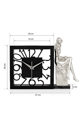 Muyika Piazza Gümüş  Sessiz Mekanizmalı Polyester Biblo Metal Masa Saati 27 x 20 cm KADIN MMS-POB